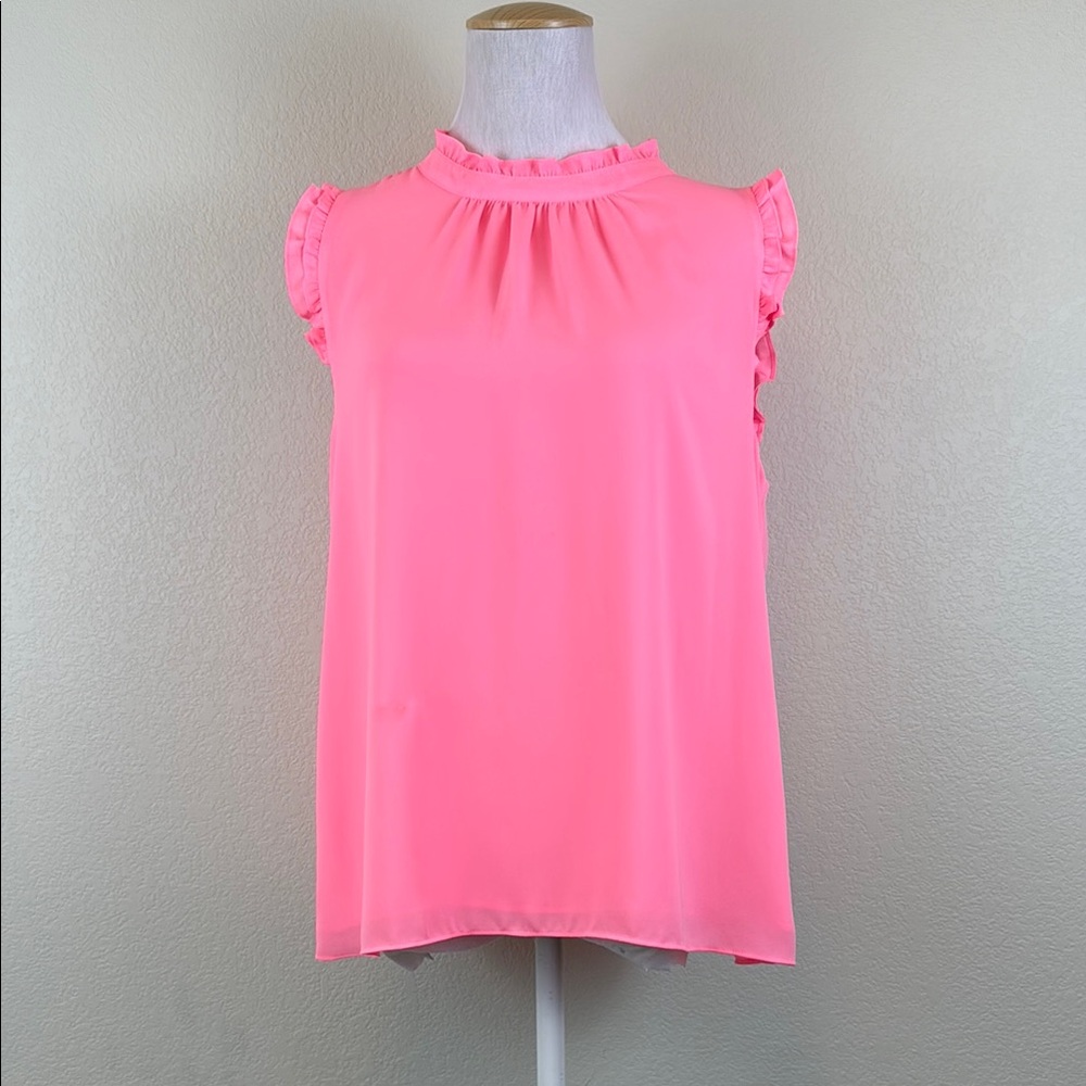 Lilly Pulitzer Pink Sleeveless Ruffled Blouse with Mandarin Collar Size Medium